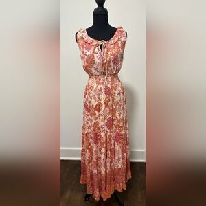 Floral Ruffled Tie-Neck Maxi Dress - Pink & Orange